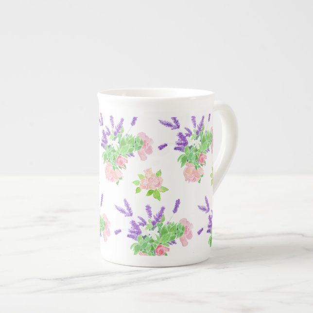 Caneca De Porcelana Lavanda, Rosas e padrão Filadélfia em Branco (Frente Esquerda)