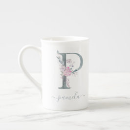 Caneca De Porcelana Letra floral cor-de-água rosa monograma P