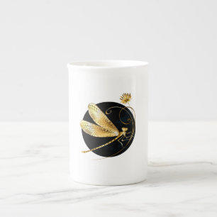 Caneca De Porcelana libélula ouro em círculo preto