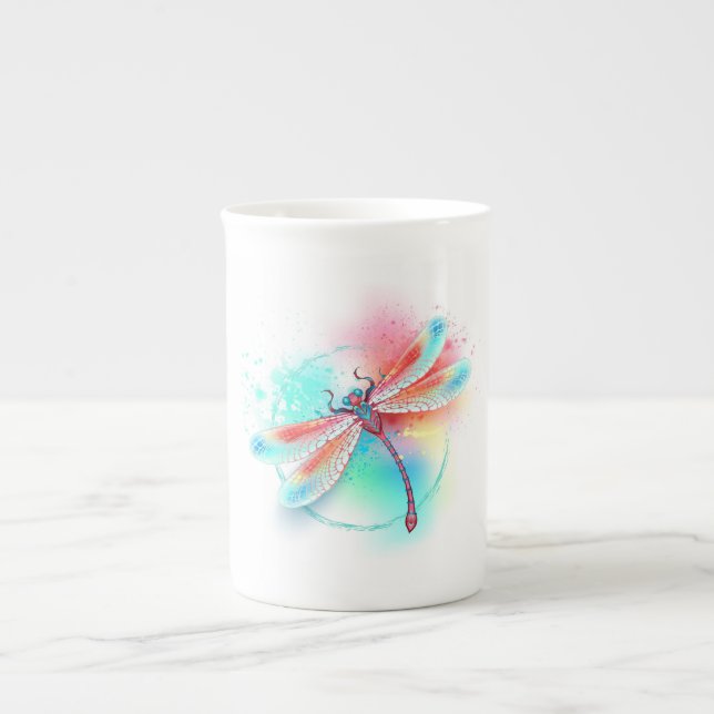 Caneca De Porcelana libélula vermelha sobre fundo de aquarela (Frente)