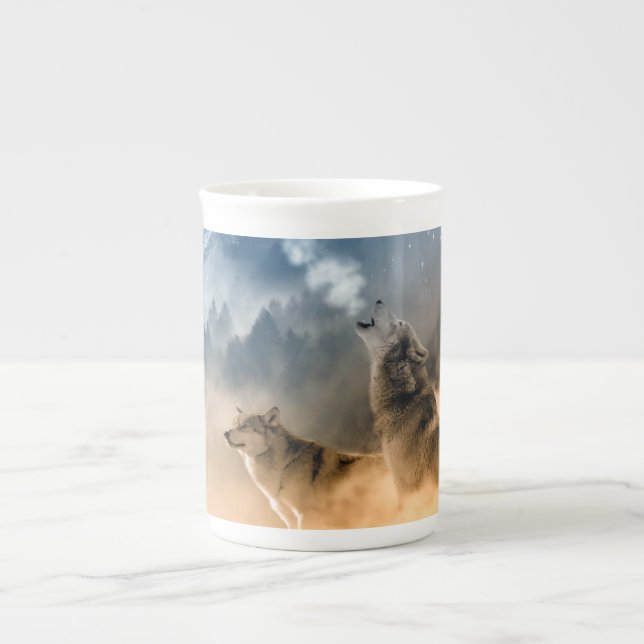 Caneca De Porcelana Lindas Estrelas Fogggy Night Wolfs Howl (Frente)