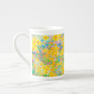 Caneca De Porcelana Lindas Flores Amarelas e Vermelhas com Turquesa