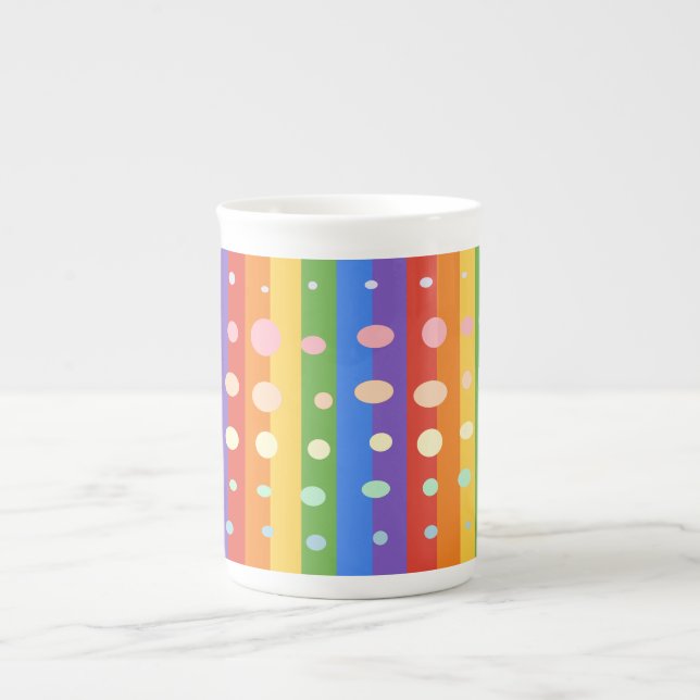 CANECA DE PORCELANA LISTRAS DE ARCO-ÍRIS COM PONTOS (Frente)