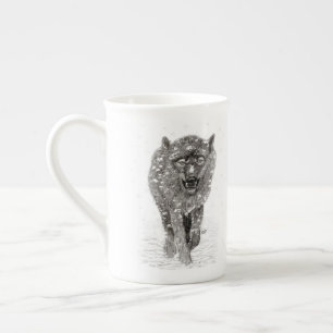 Caneca De Porcelana Lobo Negro Zangado na Neve, inverno selvagem