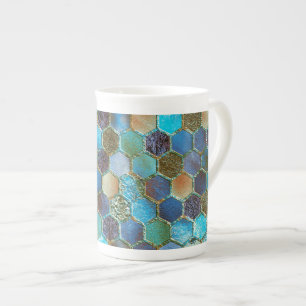 Caneca De Porcelana Lúpulo Metálico Glitter Aqua Teal Honeycomb