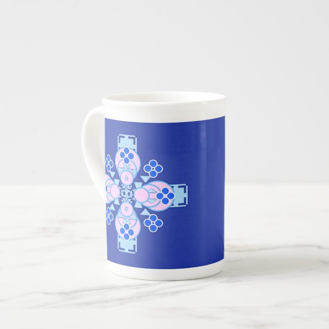 Caneca De Porcelana Mandala de quatro pontos - orquídea, azul e cobalt (Frente Esquerda)