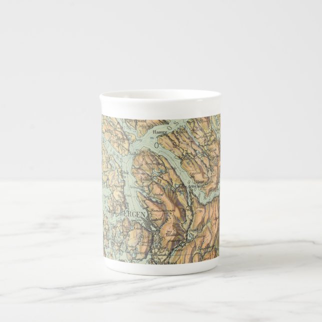 Caneca De Porcelana Mapas da Noruega - Série Bergen 1925 (Frente)