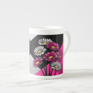 Caneca De Porcelana Margaridas em Rosa e Branco