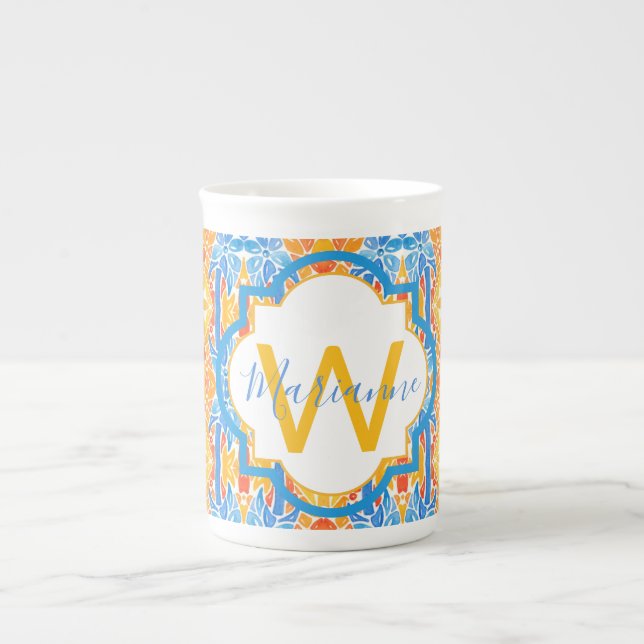 Caneca De Porcelana Marianne Orange and Blue Mosaic Mug (Frente)