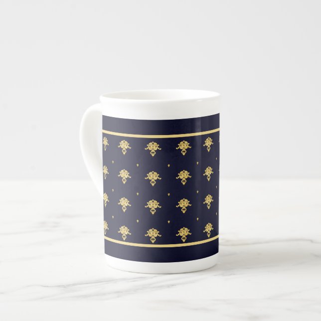 Caneca De Porcelana Marinho Elegante Azul e Dourado Damasco (Frente Esquerda)