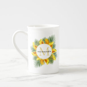 Caneca De Porcelana Melão de Cores Aquáticas Folhas Tropicais Monogr