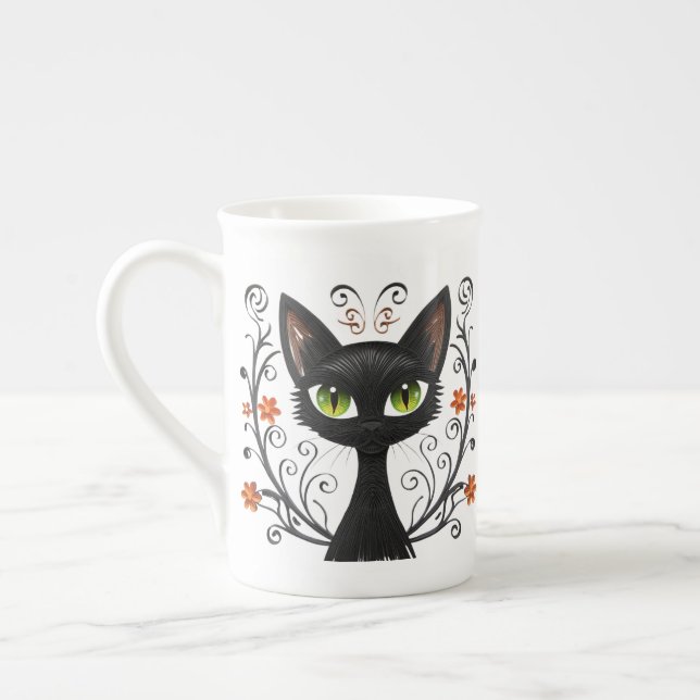 Caneca De Porcelana Minimalist Black Cat Green Eyes Filigree Design (Esquerda)