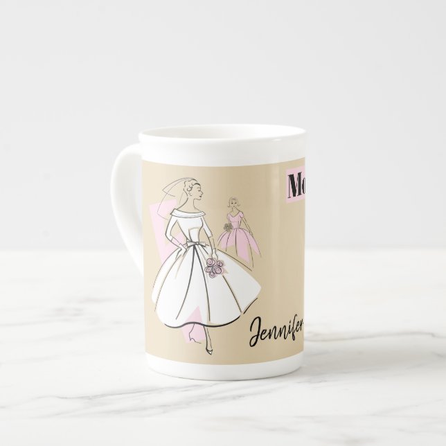 Caneca De Porcelana Moda Noiva Neutra Mãe Noiva Nome Osso China (Frente Esquerda)