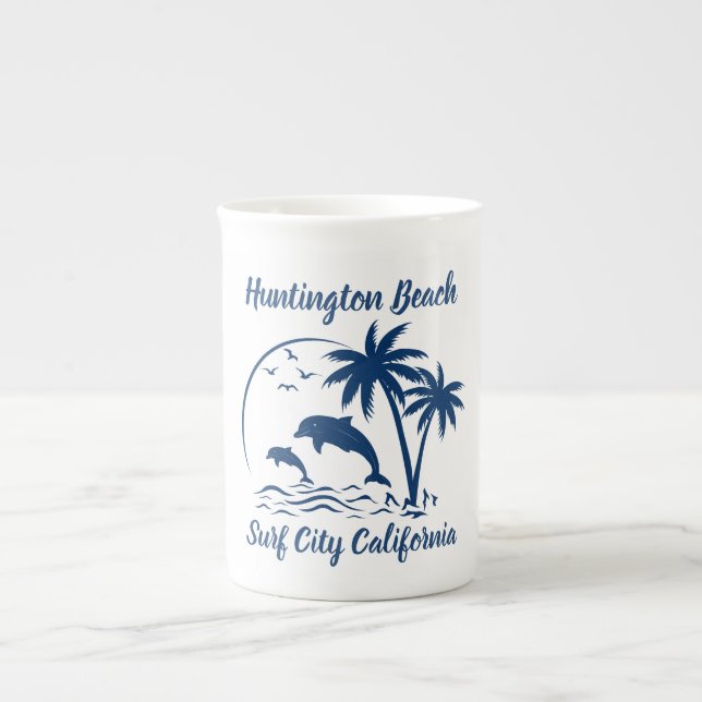 Caneca De Porcelana Modern Huntington Beach California Dark Blue (Frente)