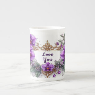 Caneca De Porcelana Moldura Floral de Orquídea Roxa