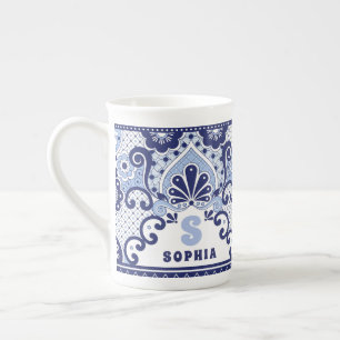 Caneca De Porcelana Monograma Azul e Branco Mexicano Talavera Azulejo