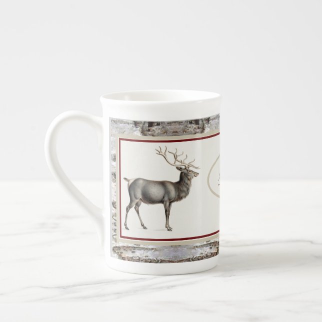 Caneca De Porcelana Monograma da Família Rústica de Madeira/ Reindeer (Esquerda)