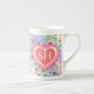 Caneca De Porcelana Monograma de Padrão de Aquarela de Flor de Primave
