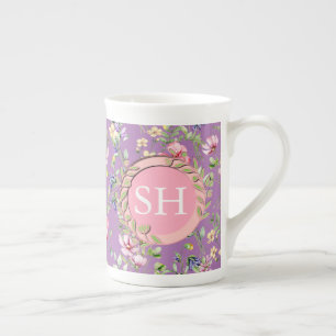 Caneca De Porcelana Monograma de Padrão de Aquarela de Flor de Primave