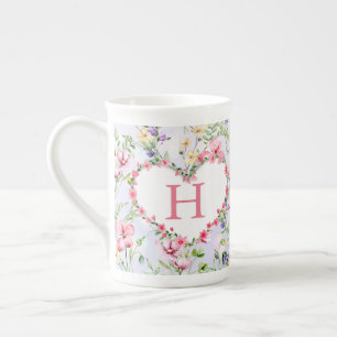 Caneca De Porcelana Monograma de Padrão de Aquarela de Flor Primavera 