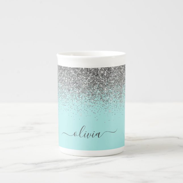 Caneca De Porcelana Monograma de Prata Leve Azul Aqua (Frente)