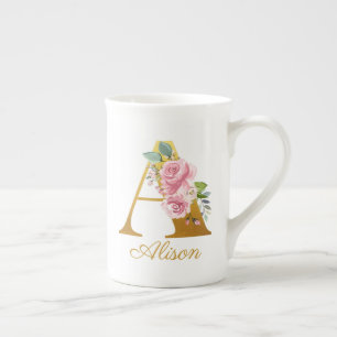Caneca De Porcelana Monograma Floral Nome Inicial Botânico Personaliza