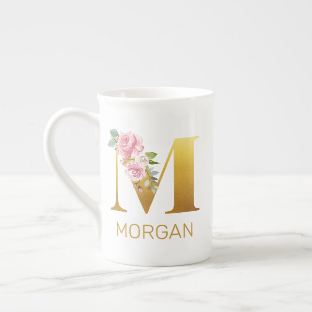 Caneca De Porcelana Monograma Floral Nome Inicial Botânico Personaliza (Esquerda)