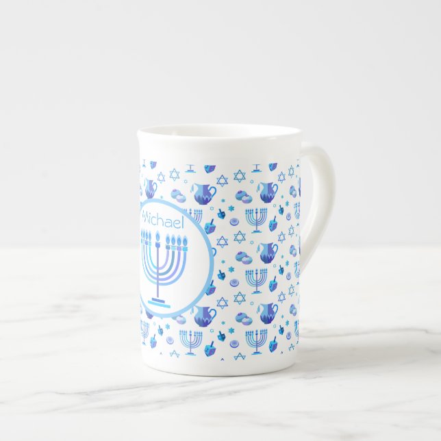 Caneca De Porcelana Monograma Hanukkah Festival Menorah (Frente Esquerda)