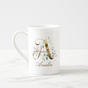Caneca De Porcelana Monograma Inicial A Floral Dourado Personalizado