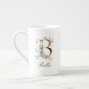 Caneca De Porcelana Monograma Inicial B Floral Dourado Personalizado