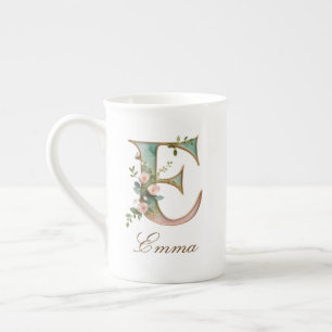 Caneca De Porcelana Monograma Inicial E Floral Dourado Personalizado