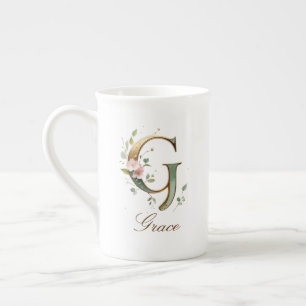 Caneca De Porcelana Monograma Inicial Floral Dourado Personalizado G
