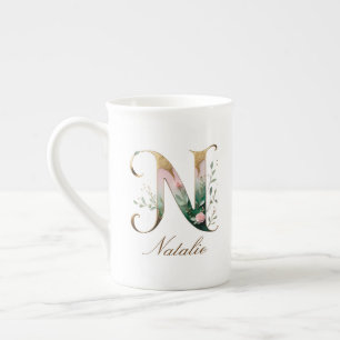 Caneca De Porcelana Monograma Inicial N Floral Dourada Personalizada