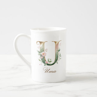 Caneca De Porcelana Monograma Inicial U Floral Dourado Personalizado