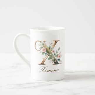 Caneca De Porcelana Monograma Inicial X Floral Dourado Personalizado