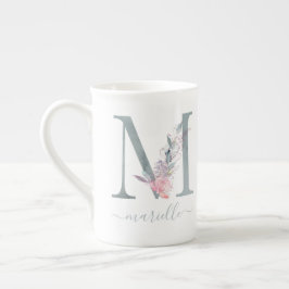Caneca De Porcelana Monograma - Letra aquosa cor-de-rosa, floral M