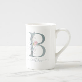 Caneca De Porcelana Monograma - Letra floral cor-de-água cor rosa B
