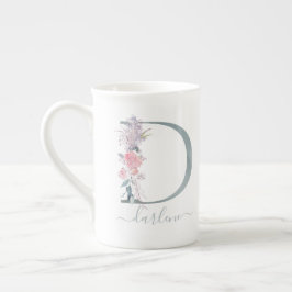 Caneca De Porcelana Monograma - Letra floral cor-de-água cor rosa D