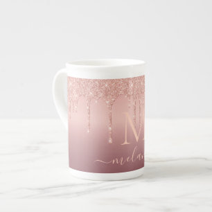 Caneca De Porcelana Monograma - Letra Rosa Dourada Glitter Mug