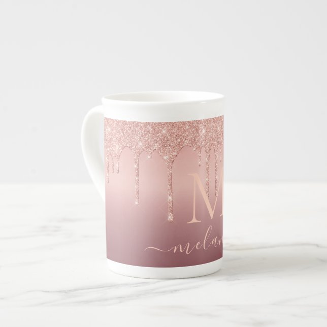 Caneca De Porcelana Monograma - Letra Rosa Dourada Glitter Mug (Frente Esquerda)