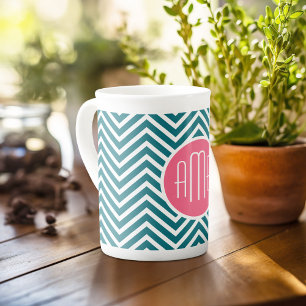 Caneca De Porcelana Monograma Personalizado de Chevrons Azul-Teto e Ro