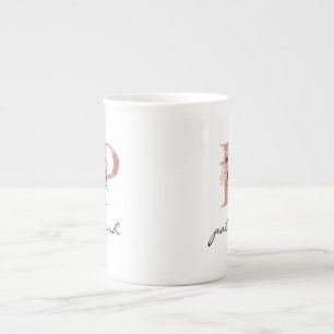 Caneca De Porcelana Monograma Rosa Bege Floral Aquarela Letra P