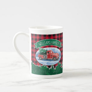 Caneca De Porcelana Monograma vermelho da verificação do búfalo do
