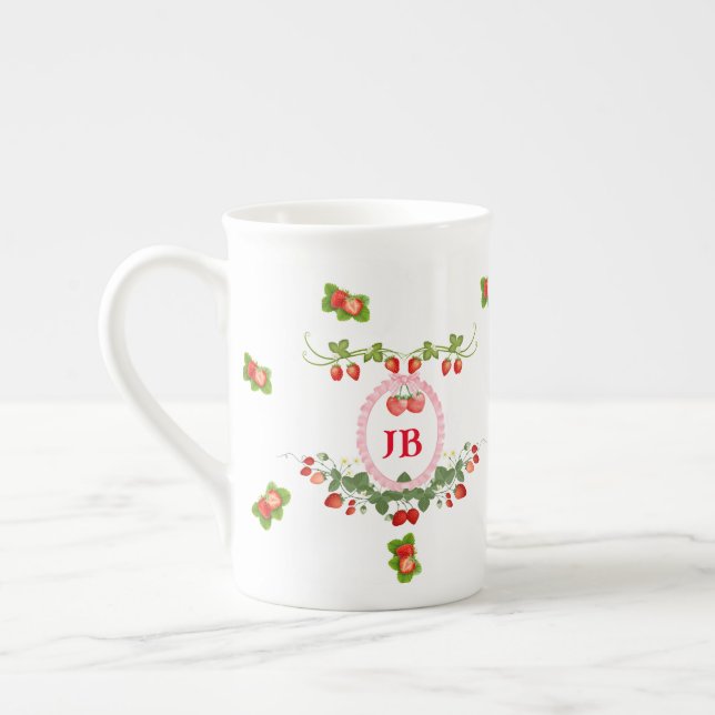 Caneca De Porcelana Morango Personalizado Monograma (Esquerda)