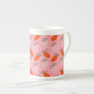 Caneca De Porcelana Morangos Rosa Branco Padrão Desenho Frutas    