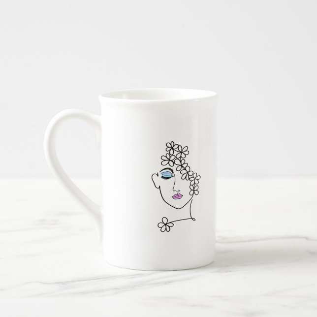 Caneca De Porcelana Mulher com Flores de Arte em Linha (Esquerda)