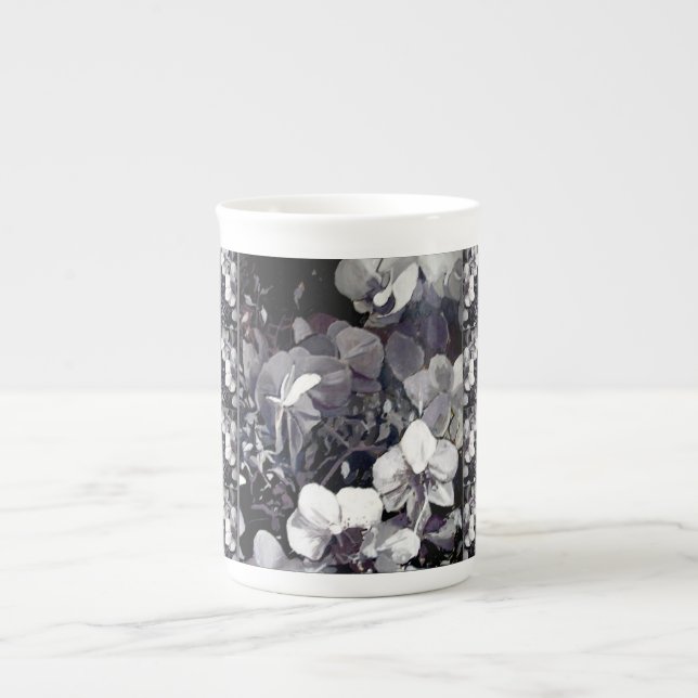 Caneca De Porcelana Multi listra da orquídea branca preta (Frente)