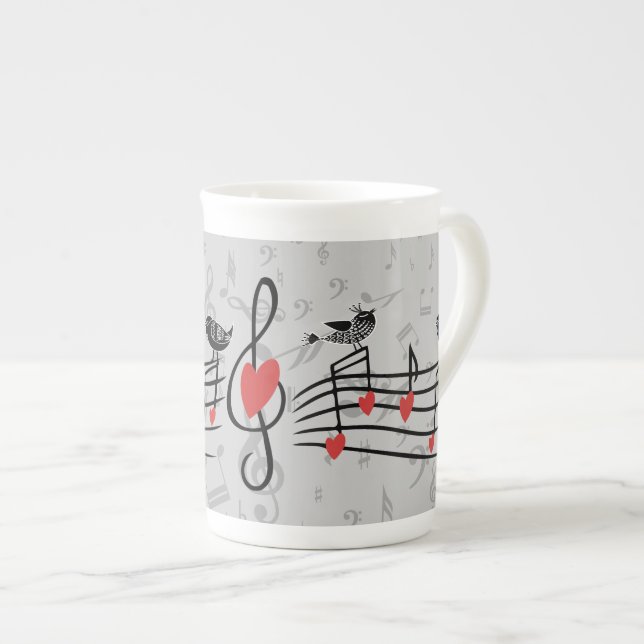 Caneca De Porcelana Música Adoram Pássaros em Notas Musicais de Cinza (Frente Esquerda)