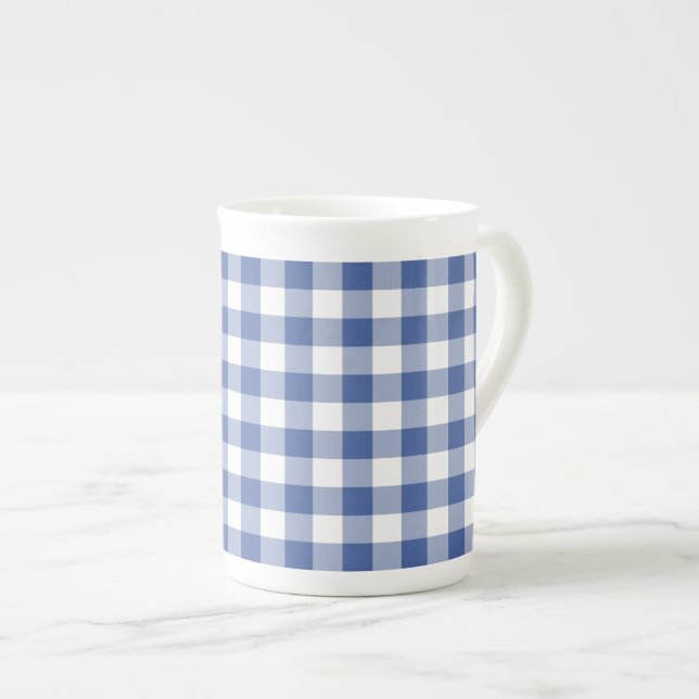 Caneca De Porcelana Na moda Bone China Mug, Azul Escuro Gingham (Frente Esquerda)