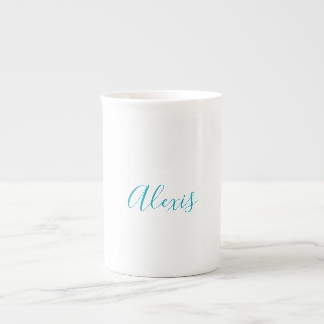 Caneca De Porcelana Name Calligraphy Script Plain Simple White Blue (Frente)
